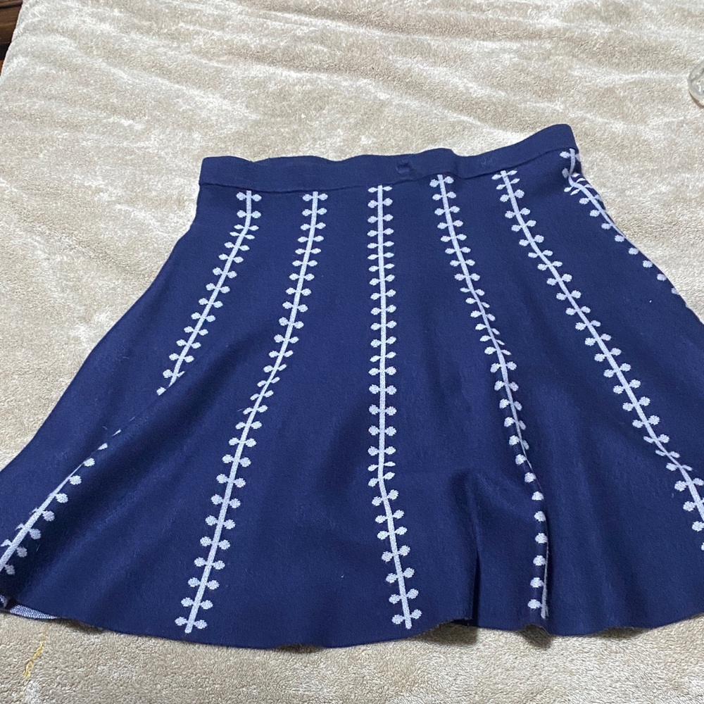 Chic Navy Skater Skirt with White Embroidery
